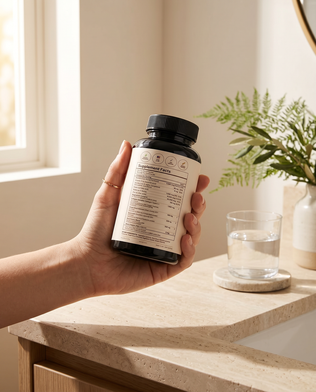 NARICOL bottle in hand on minimal vanity