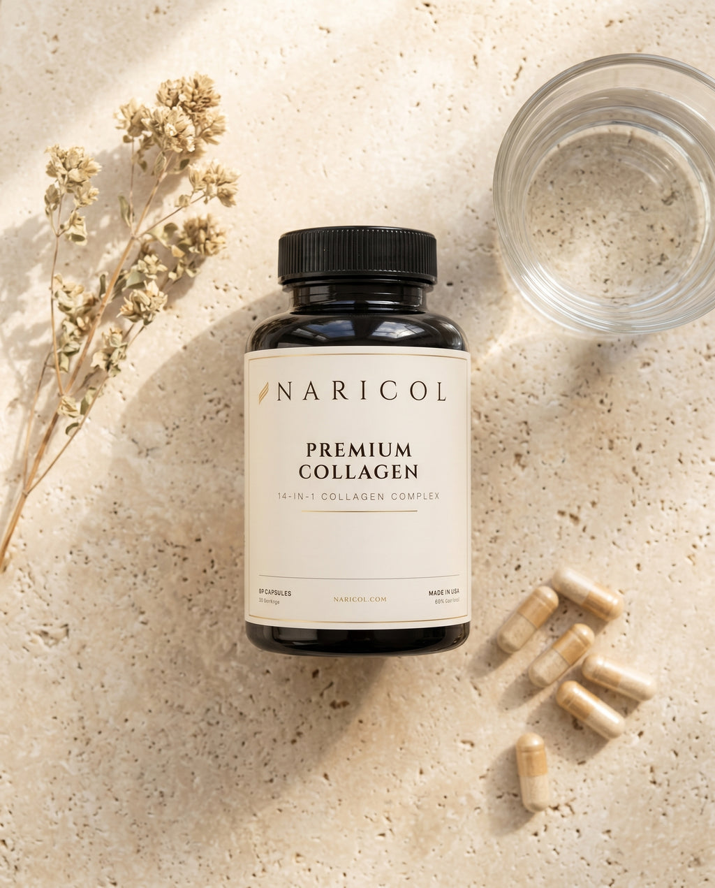 Naricol bottle and capsules flat lay on linen-cream stone