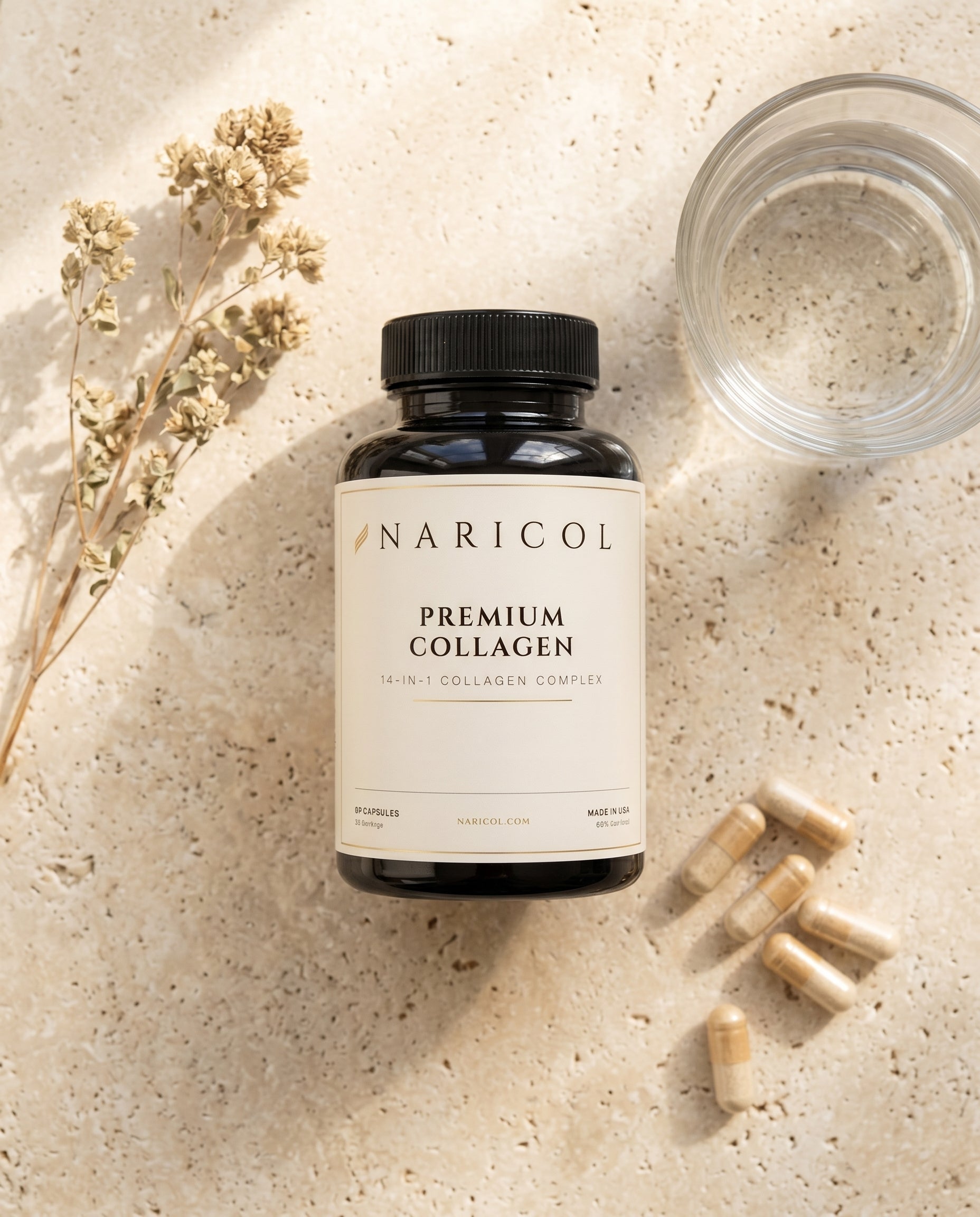 Naricol bottle and capsules flat lay on linen-cream stone