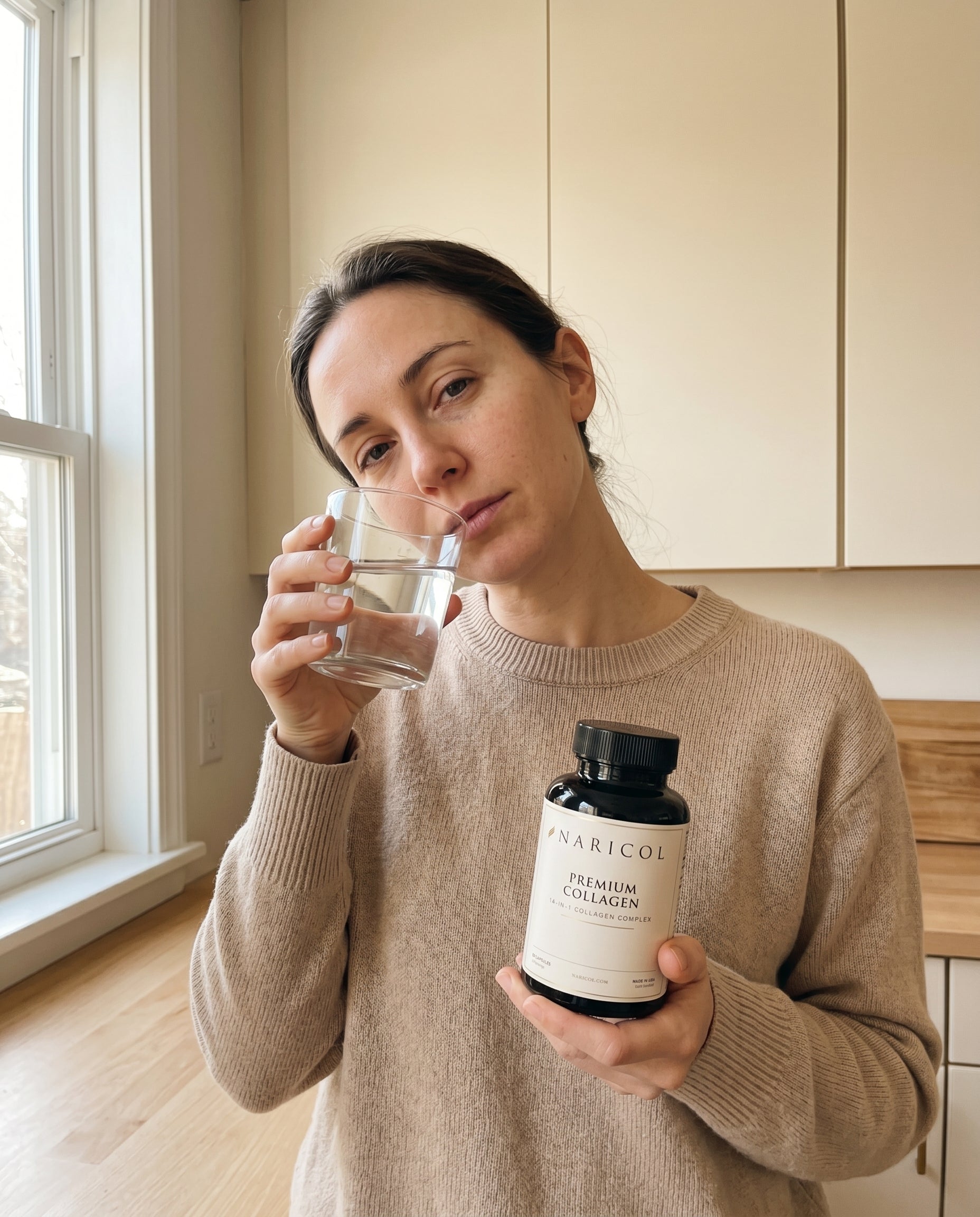 Naricol UGC lifestyle — woman with bottle morning routine